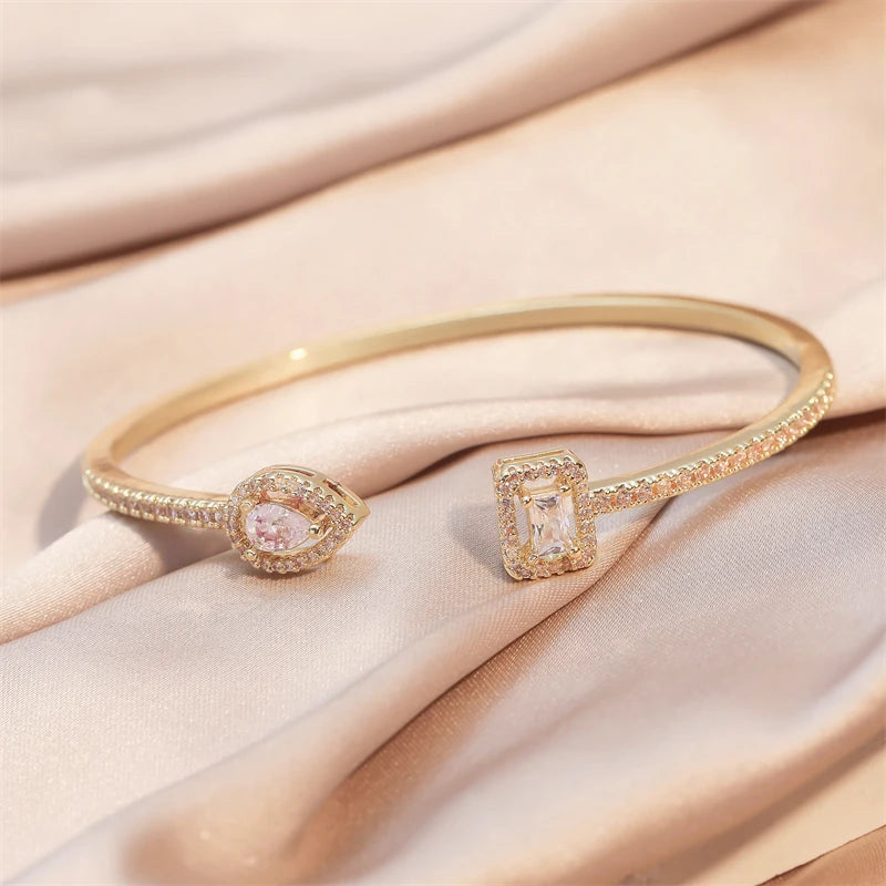Elegant Gold Color Geometric Bangle with Sparkling Zircon Detail