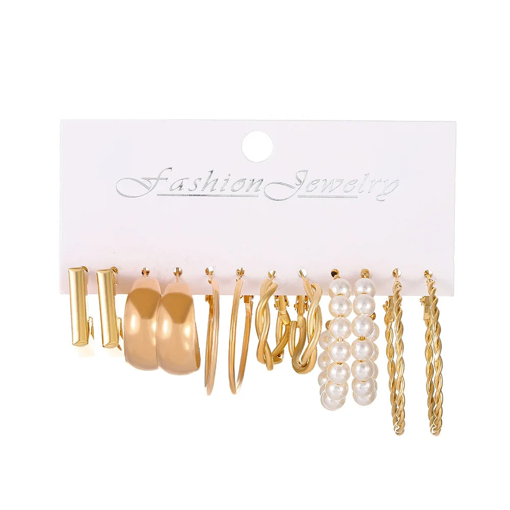 Stylish Boho Earring Set Big Hoops Pearl Square Heart Zircon Design