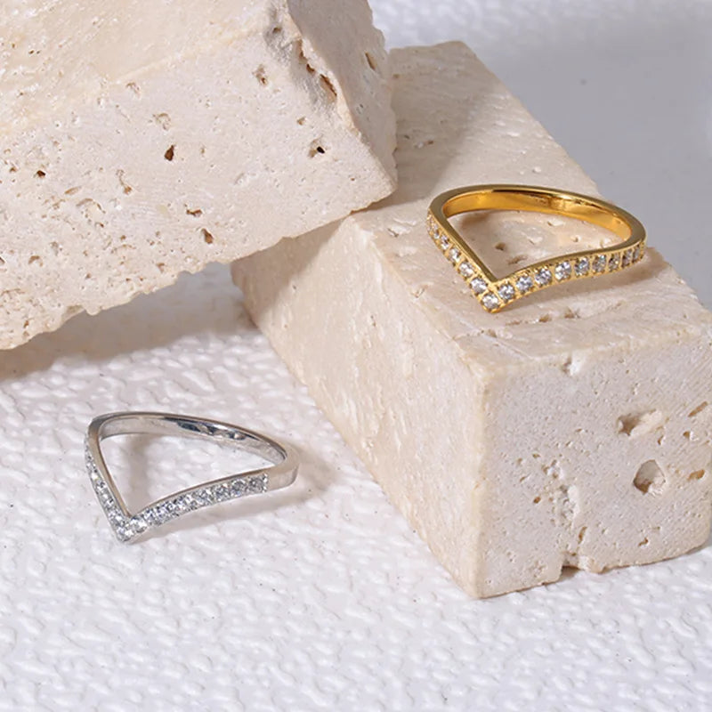Minimalist V Shaped Ring 18K Gold Zircon Thin Band Women