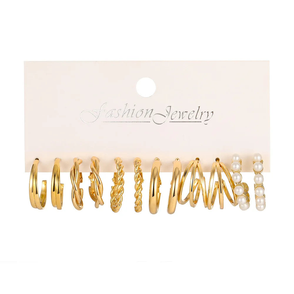 Stylish Boho Earring Set Big Hoops Pearl Square Heart Zircon Design