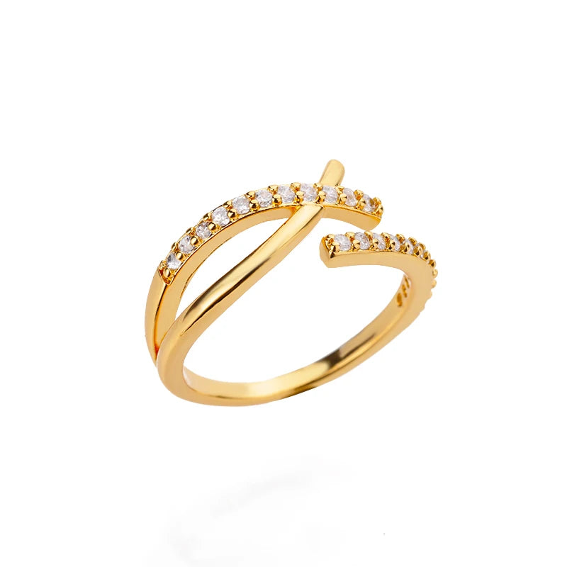 Shiny Double Cross Ring Zircon Gold Color Luxury Women Jewelry