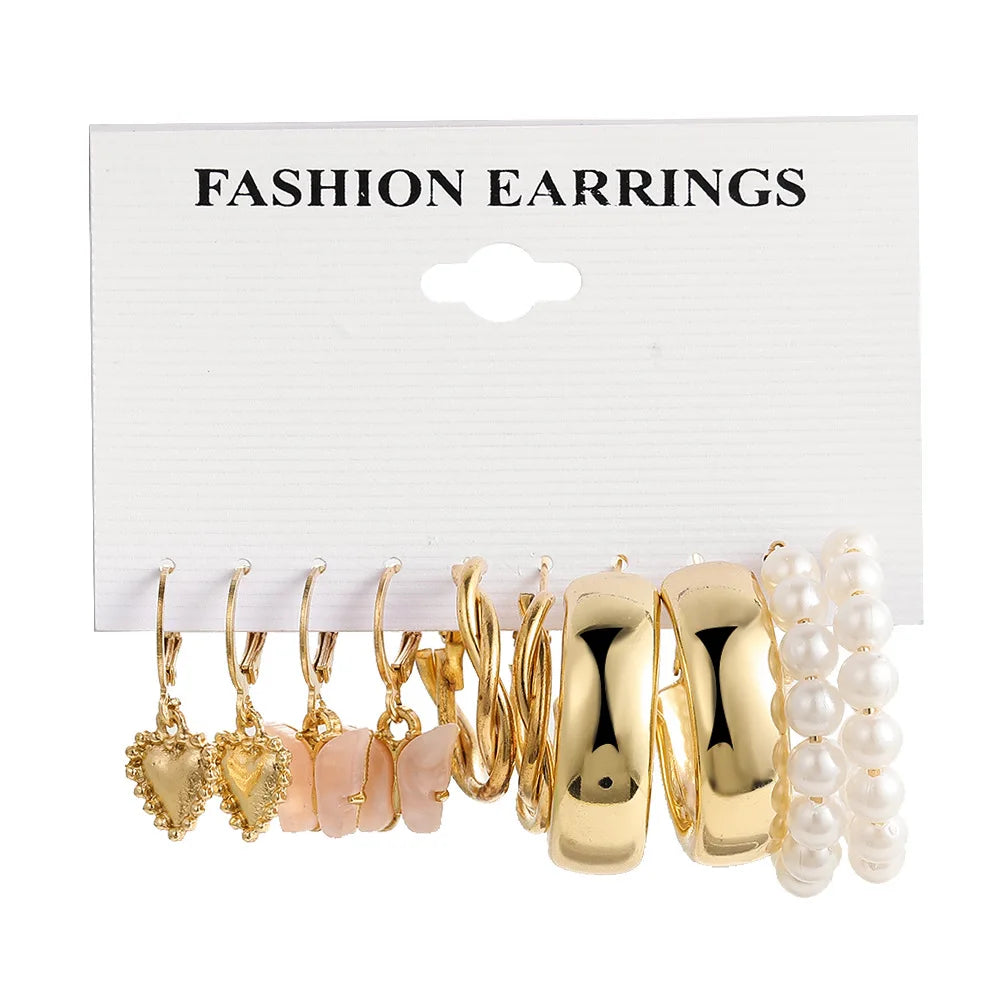 Stylish Boho Earring Set Big Hoops Pearl Square Heart Zircon Design