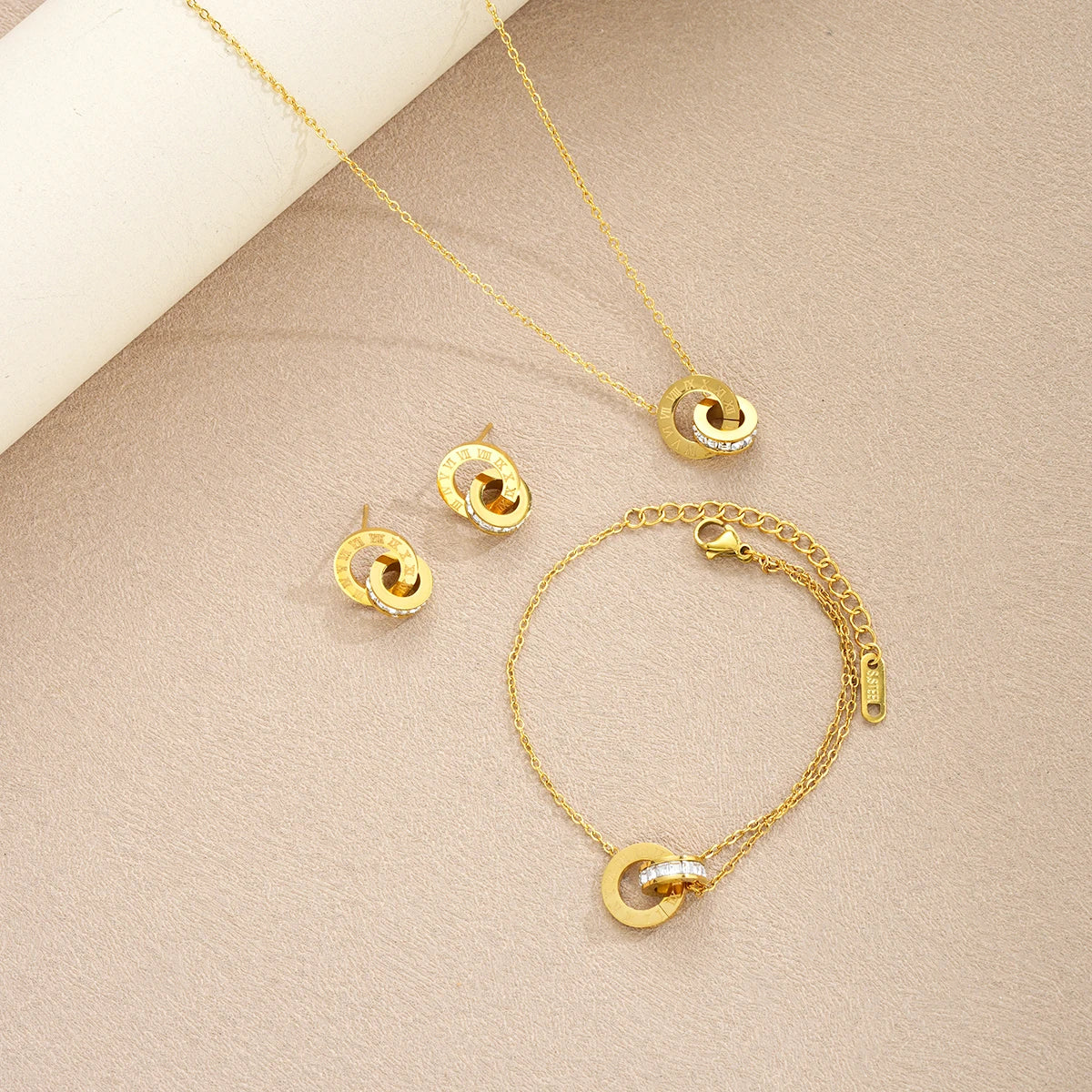 Elegant 4Pcs Jewelry Set Roman Numeral Circle Necklace Bracelet