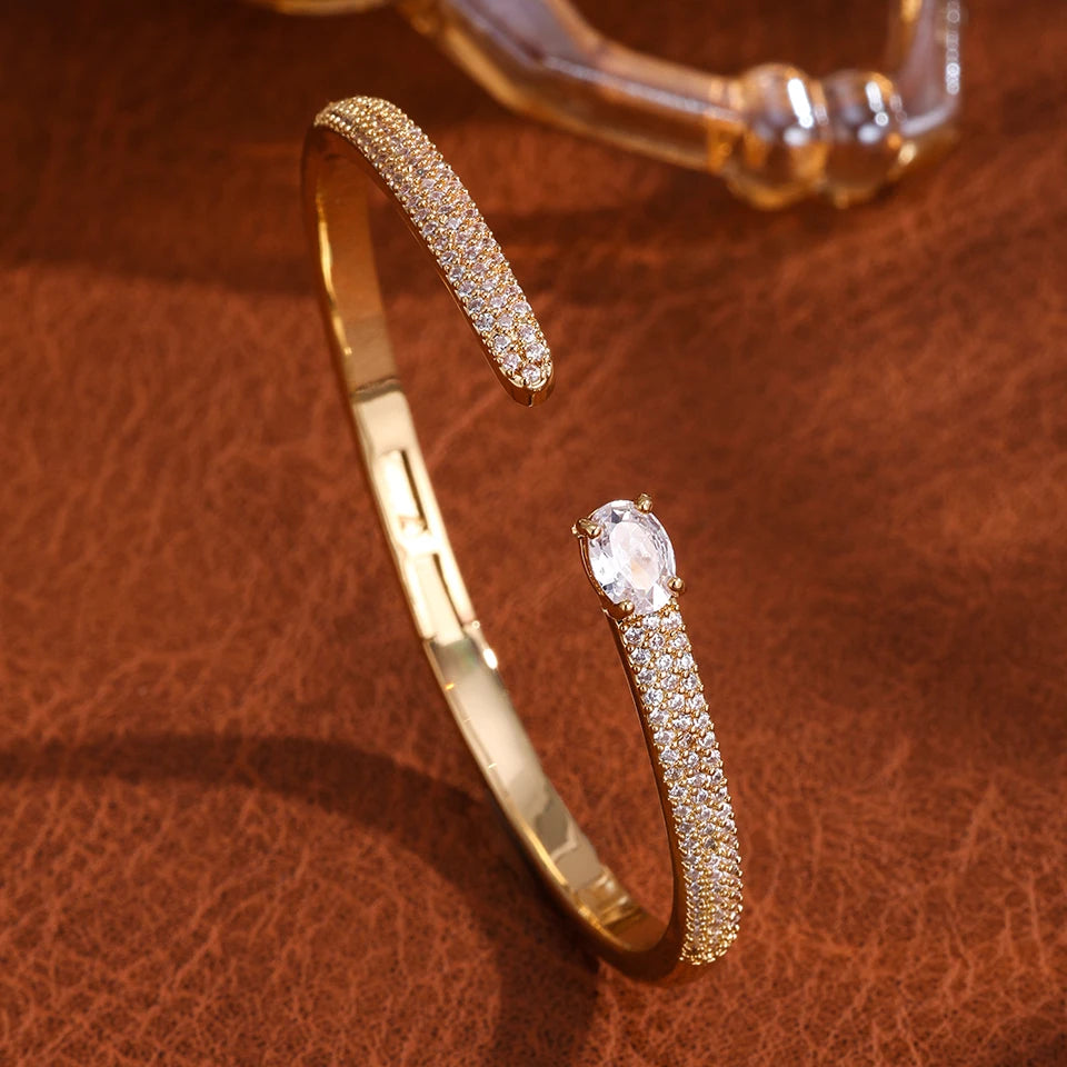 Elegant Gold Color Geometric Bangle with Sparkling Zircon Detail