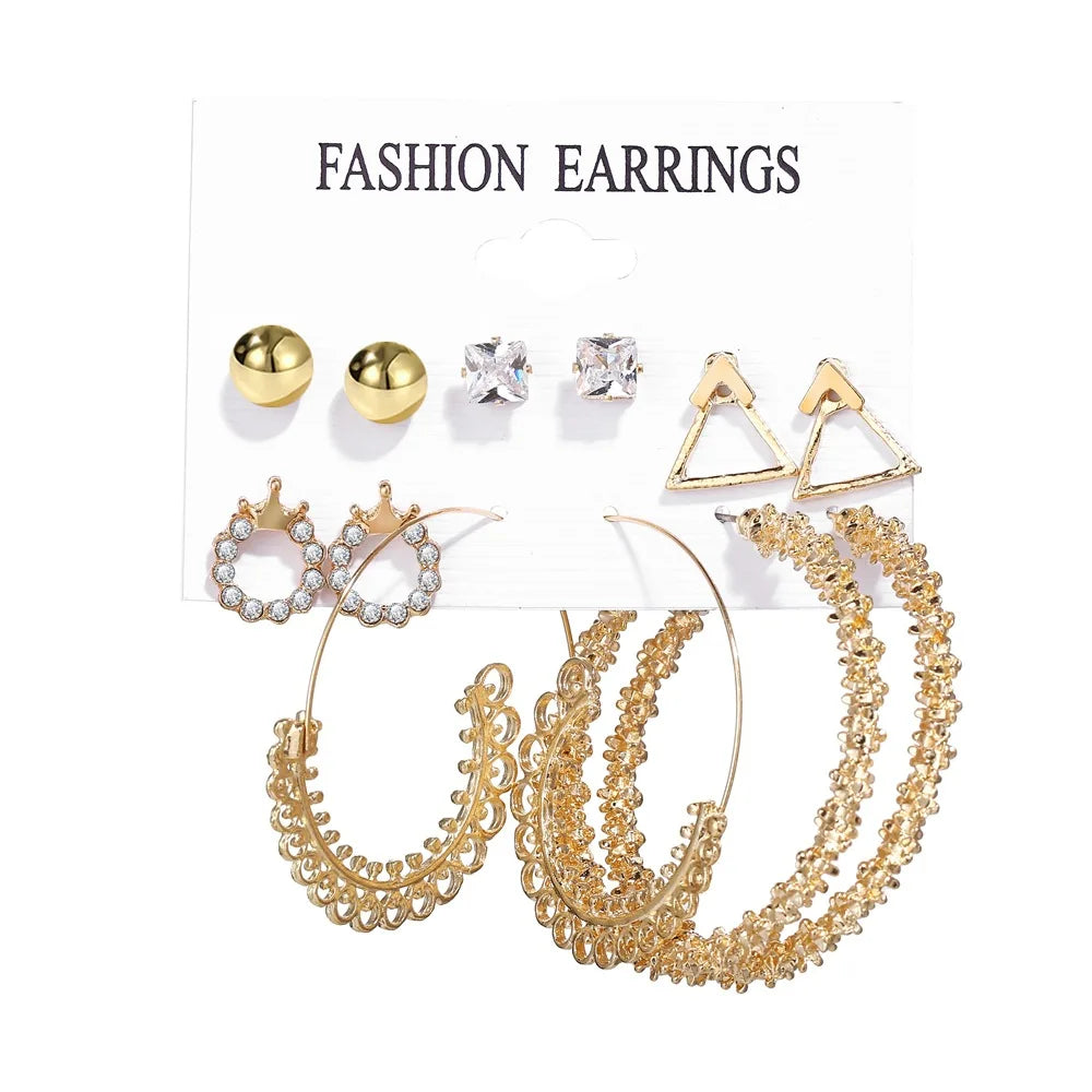 Stylish Boho Earring Set Big Hoops Pearl Square Heart Zircon Design