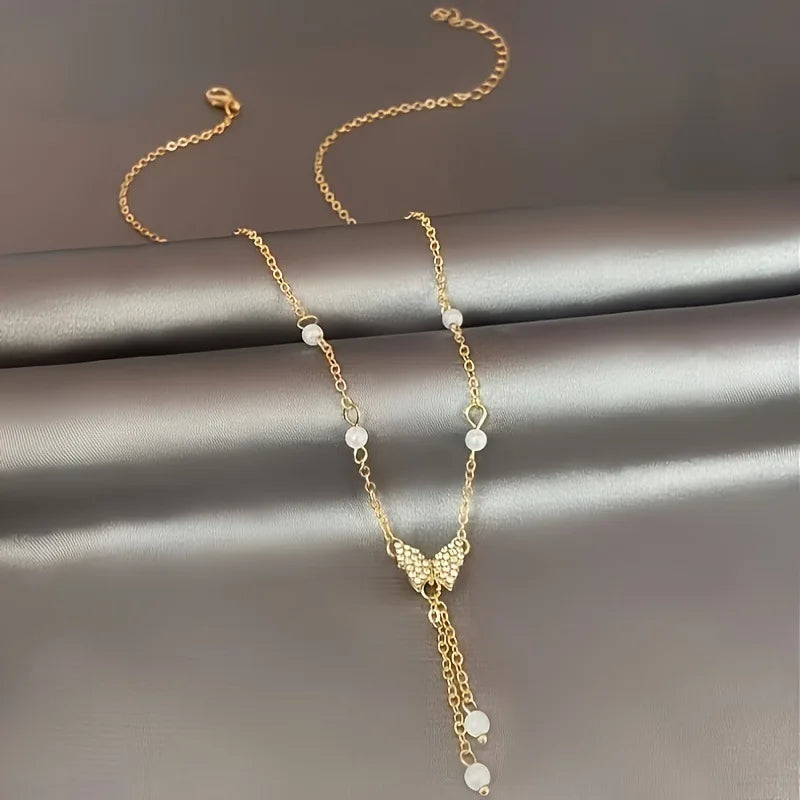 Delicate Butterfly Pendant Necklace with Tassel Elegant Design