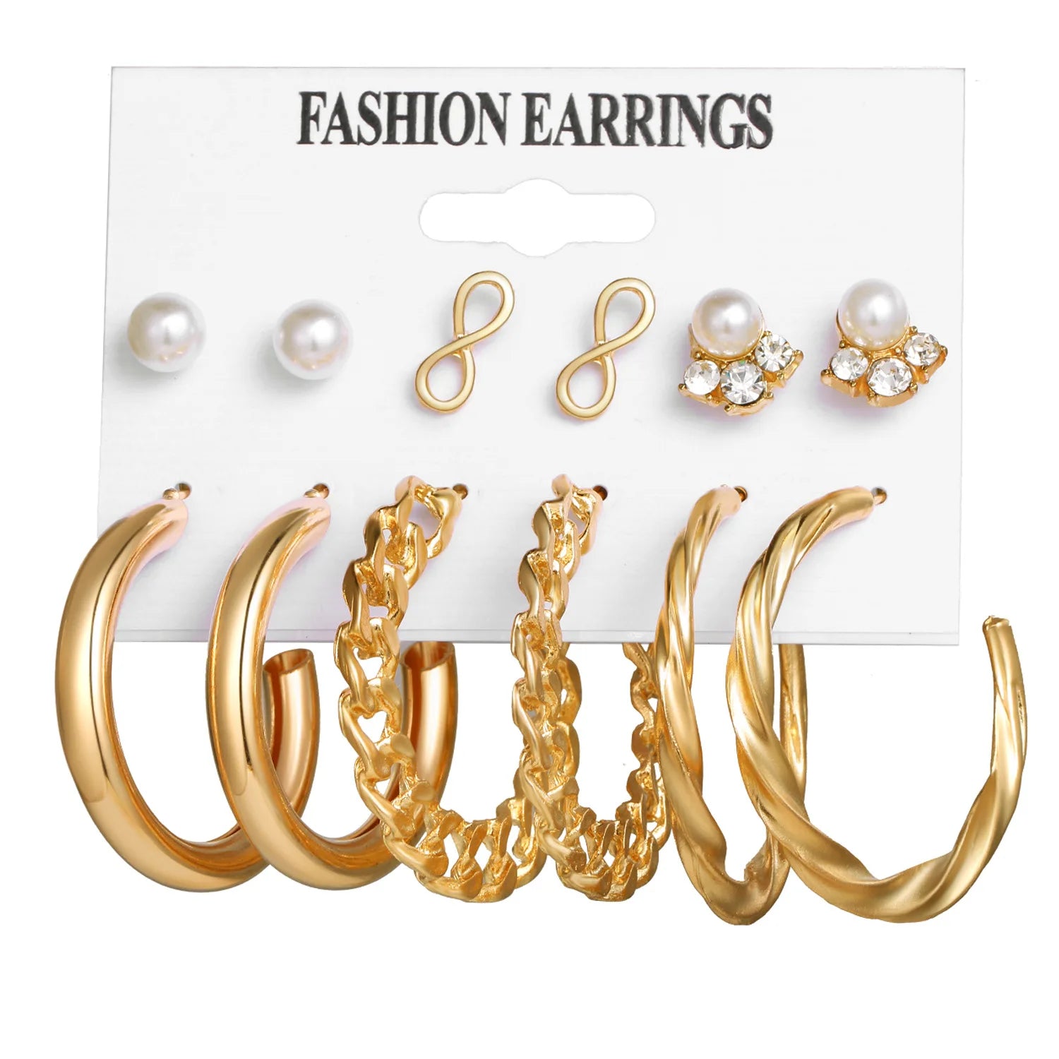 Stylish Boho Earring Set Big Hoops Pearl Square Heart Zircon Design