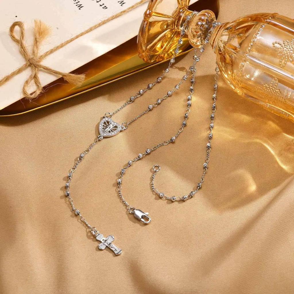 Stainless Steel Jesus Cross Y Necklace with Heart Charm Jewelry Set