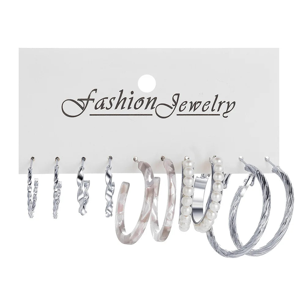 Stylish Boho Earring Set Big Hoops Pearl Square Heart Zircon Design