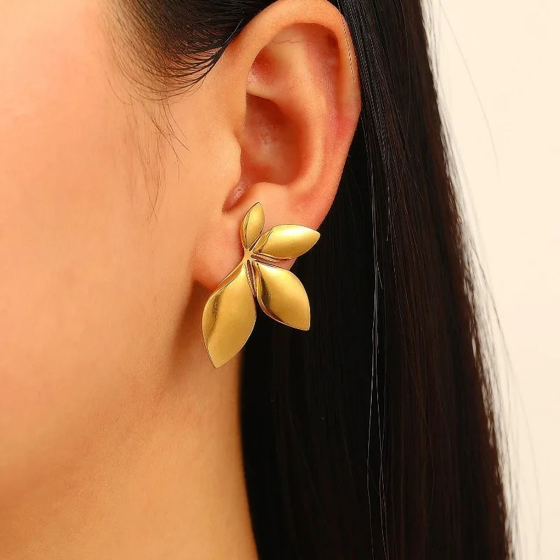 Leaf Shaped Floral Stud Earrings Stainless Steel Elegant Women