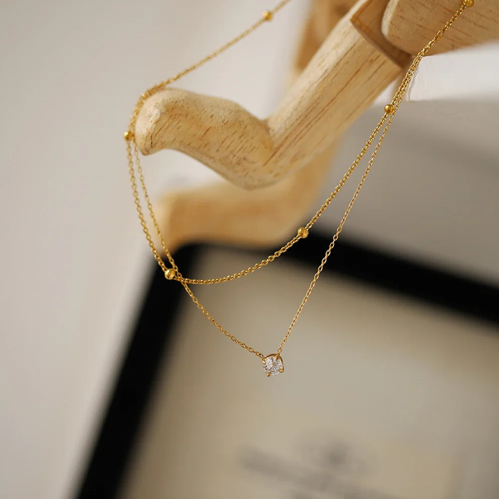 Elegant Zircon Pendant Necklace Double Chain Women Jewelry