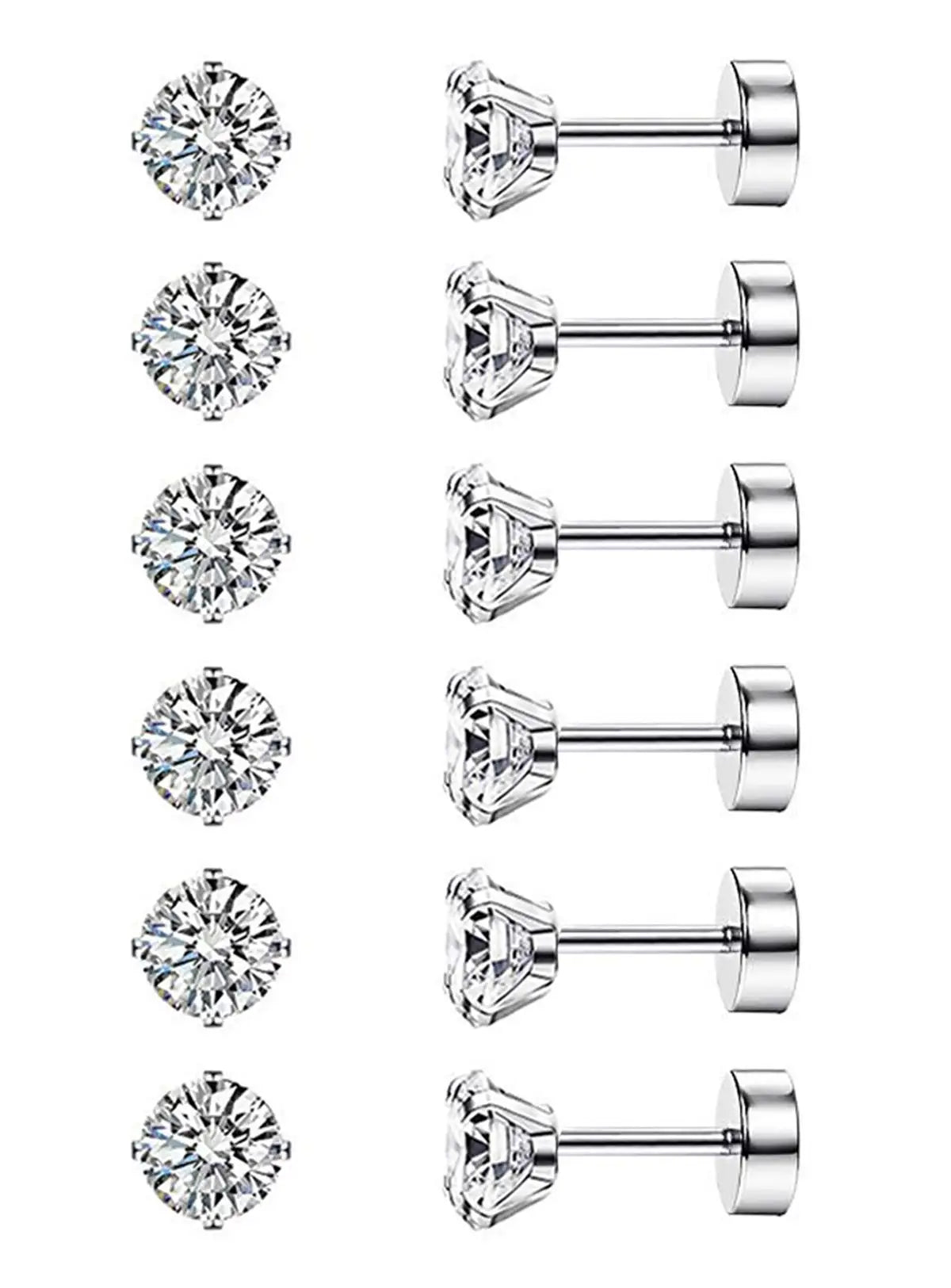 6 Pairs Flat Back Stud Earrings Set CZ Hypoallergenic for Women