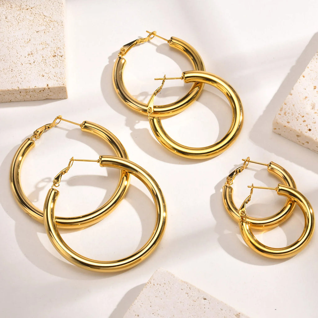 18K Gold Hoop Earrings 30-50mm Stainless Steel Minimalist Women