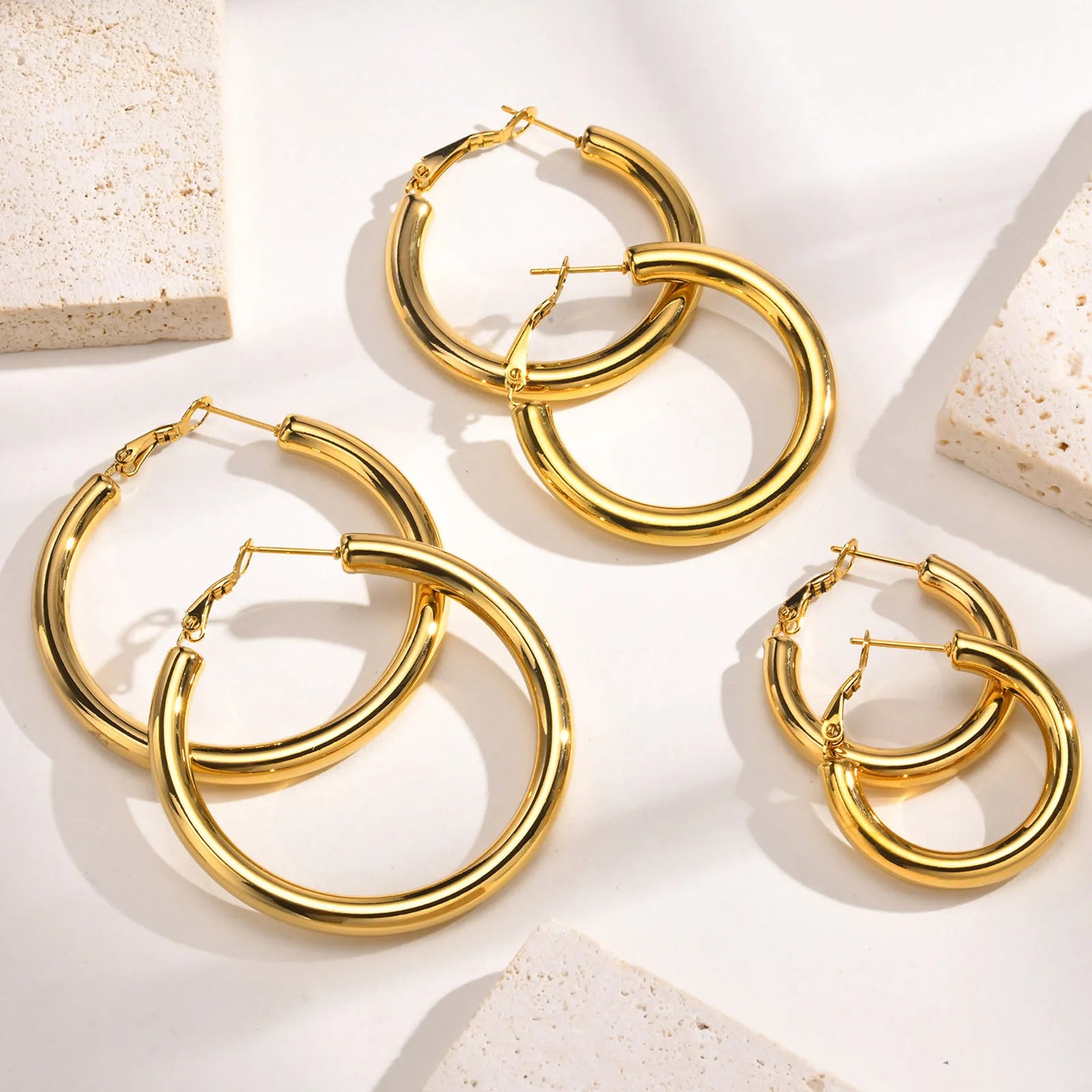 18K Gold Hoop Earrings 30-50mm Stainless Steel Minimalist Women