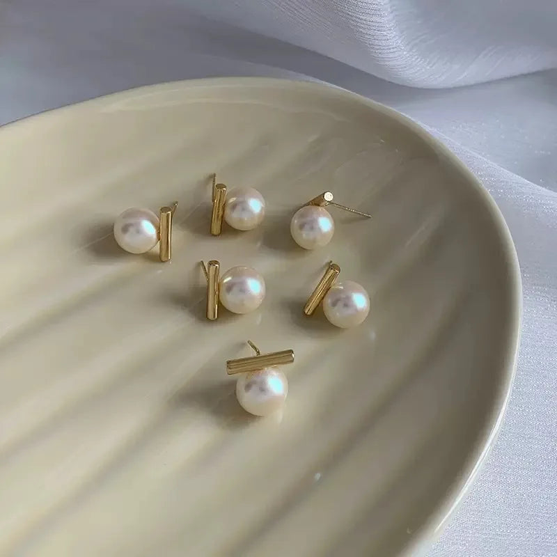 Simple Pearl Stud Earrings Gold Alloy Acrylic Beads Women Jewelry