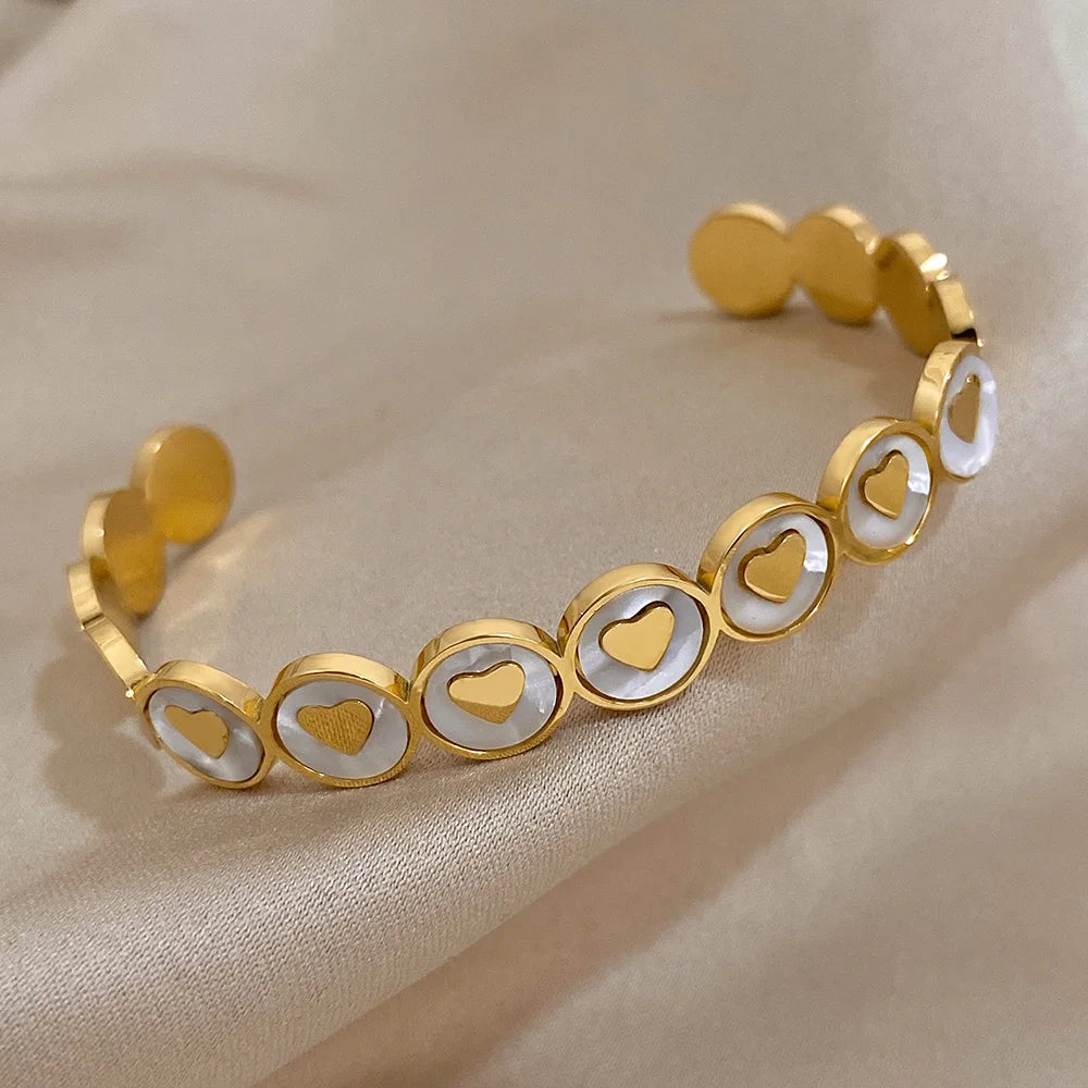 Elegant White Shell Heart Bracelet Gold Plated Bangle for Women