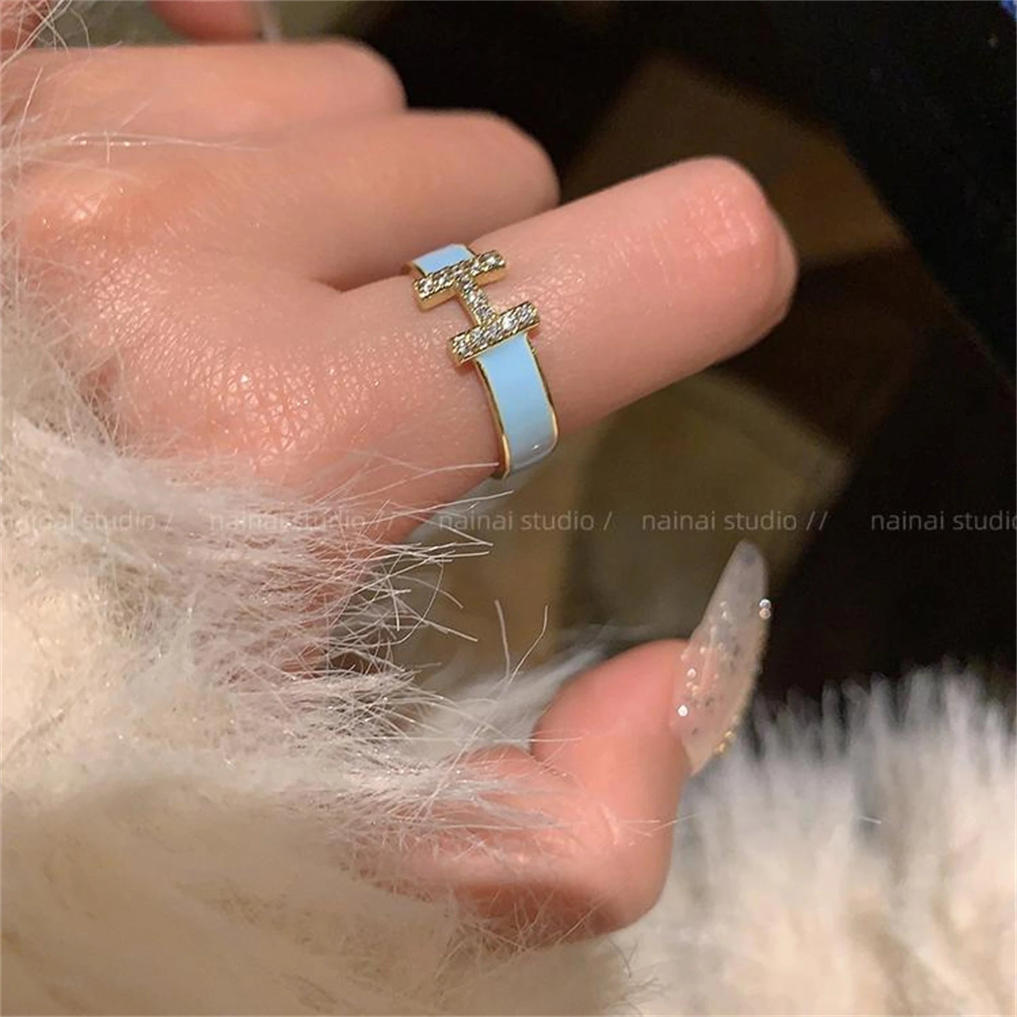 Elegant H Letter Ring Enamel Zircon Open Adjustable Women