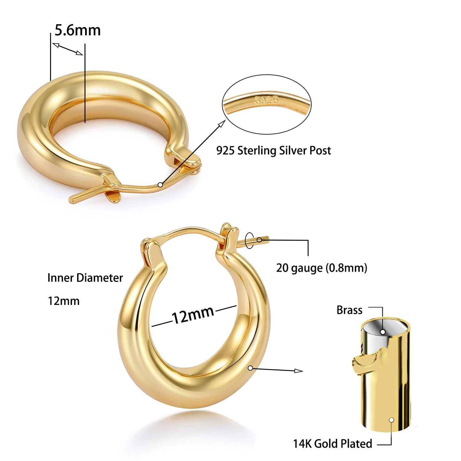 Shevalues Chunky Hoop Earrings 14K Gold 925 Silver Needle Women