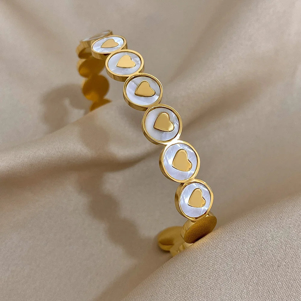 Elegant White Shell Heart Bracelet Gold Plated Bangle for Women