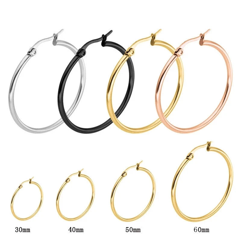 Big Hoop Earrings 30-80mm Stainless Steel Gold Silver Women