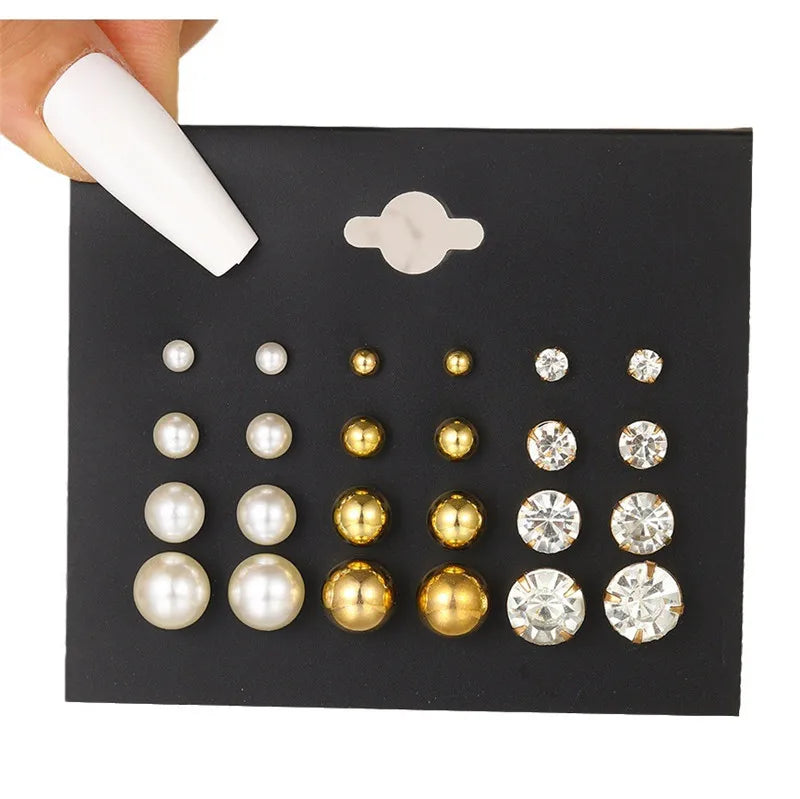Bohemian Pearl Earrings Set 12 Pairs Geometric Women Jewelry