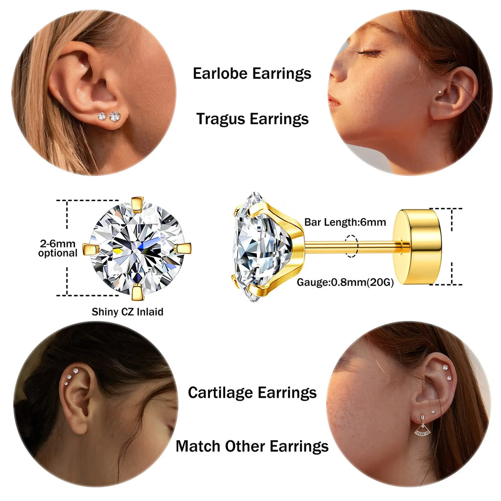 6 Pairs Flat Back Stud Earrings Set CZ Hypoallergenic for Women