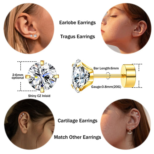 6 Pairs Flat Back Stud Earrings Set CZ Hypoallergenic for Women