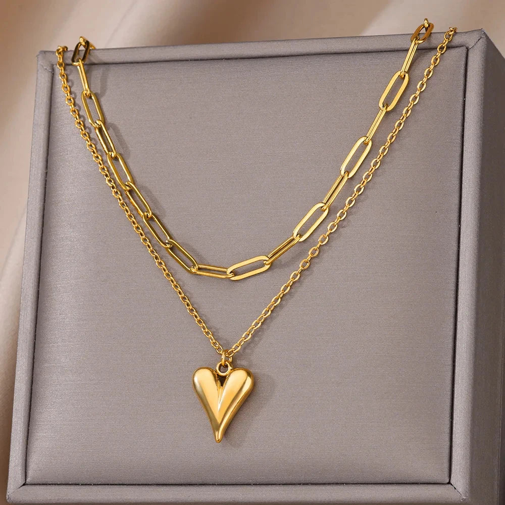 Stylish Layered Heart Necklace 316L Steel Goth Choker for Women