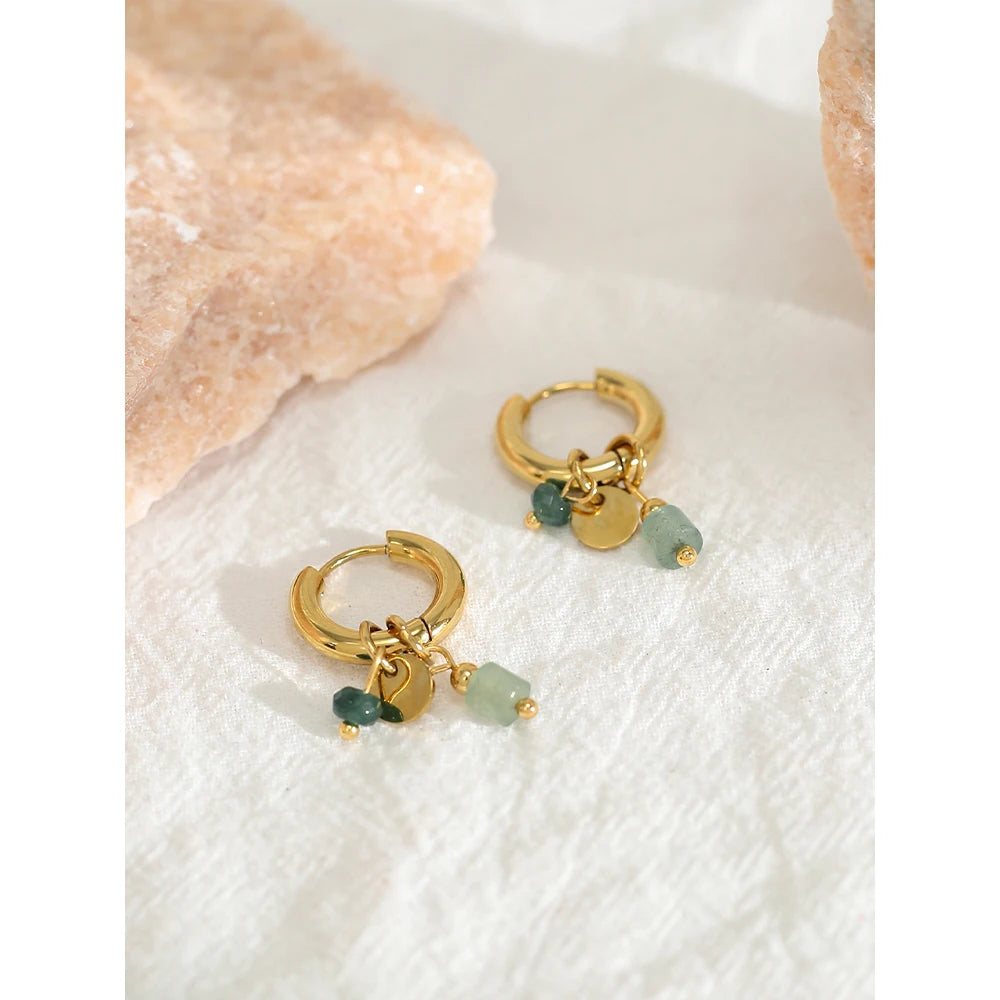Vintage Green Stone Hoop Earrings 18K Gold Plated Women