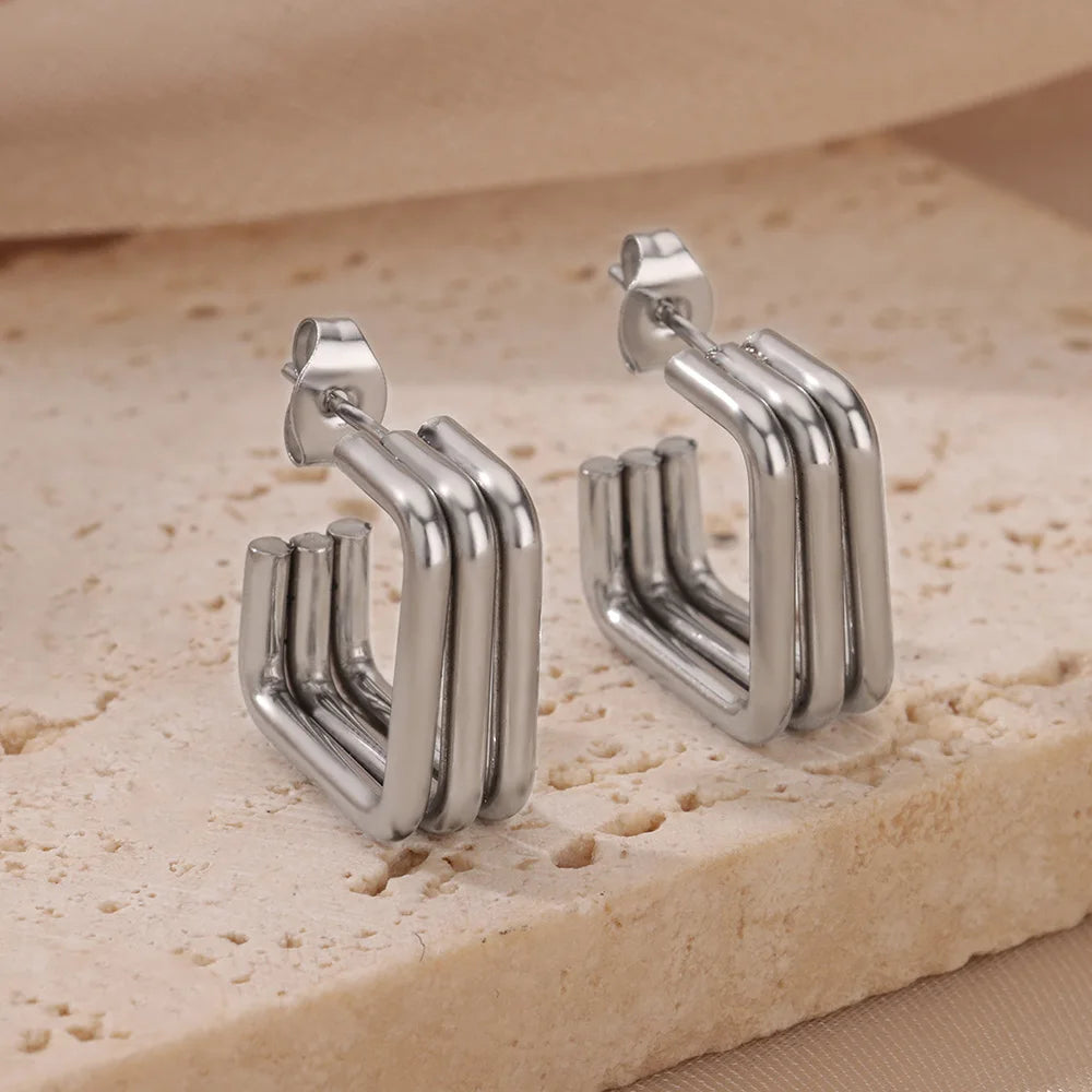 Elegant Square Earrings Gold Color Stainless Steel Stud Jewelry