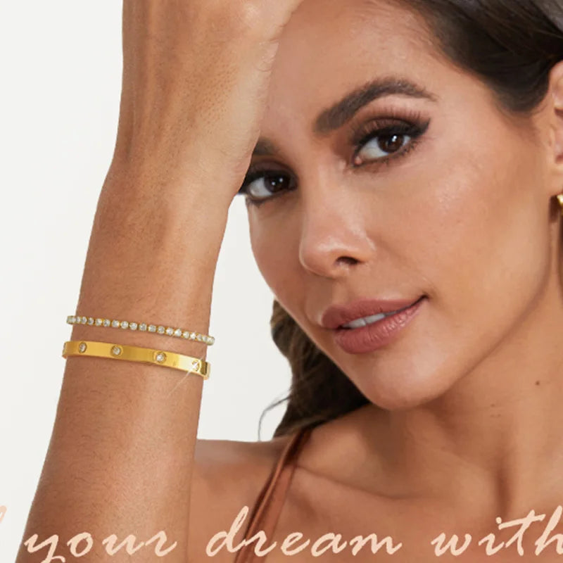 Gold Stainless Steel Tennis Bracelet Matching Bangles Luxury Couple