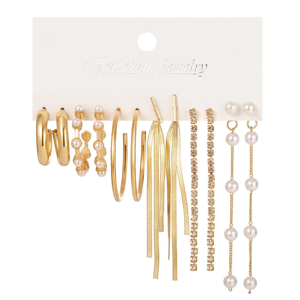 Stylish Boho Earring Set Big Hoops Pearl Square Heart Zircon Design