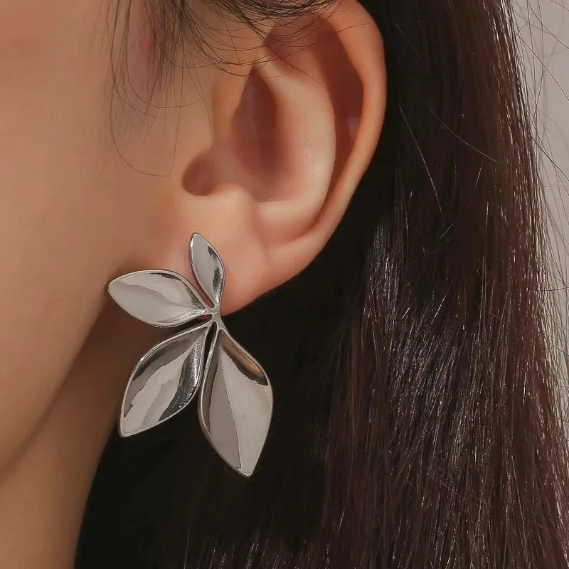 Leaf Shaped Floral Stud Earrings Stainless Steel Elegant Women