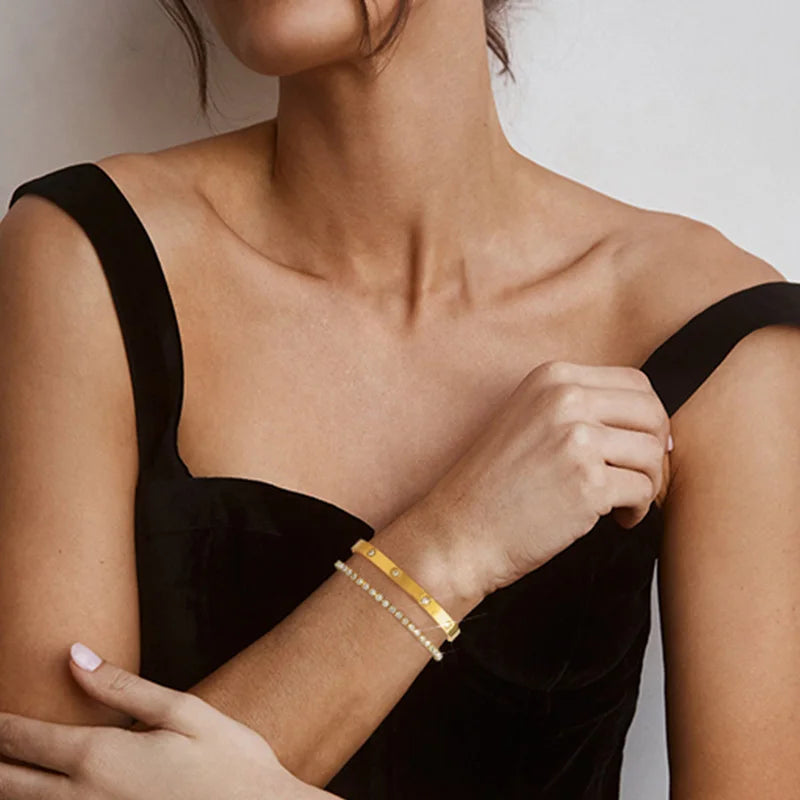 Gold Stainless Steel Tennis Bracelet Matching Bangles Luxury Couple