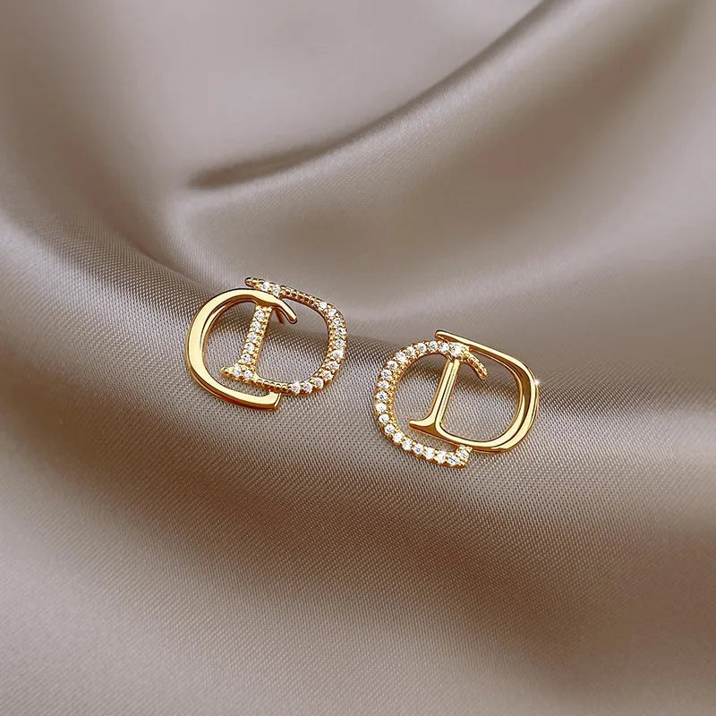 Trendy Double D Letter Earrings Rhinestone Gold Women Jewelry