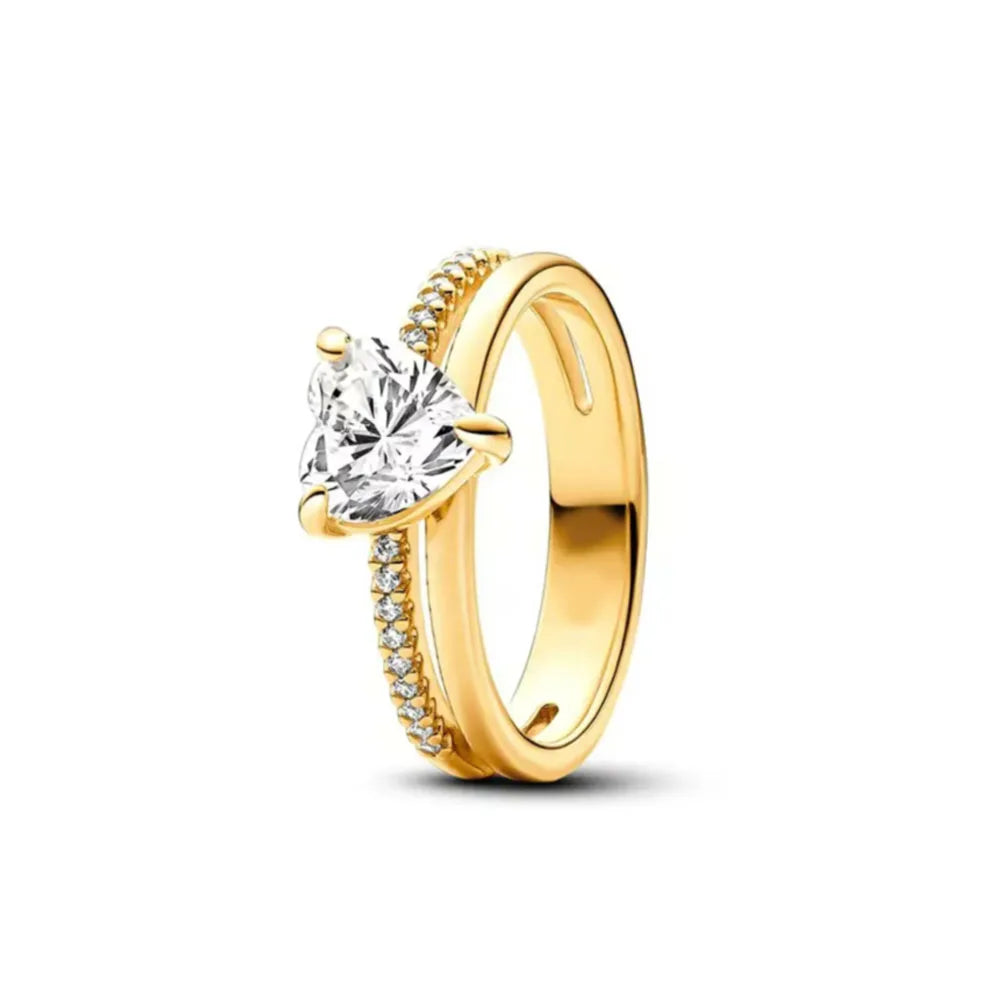 Elegant Gold Ring Sun Heart Bow 925 Silver Women Jewelry