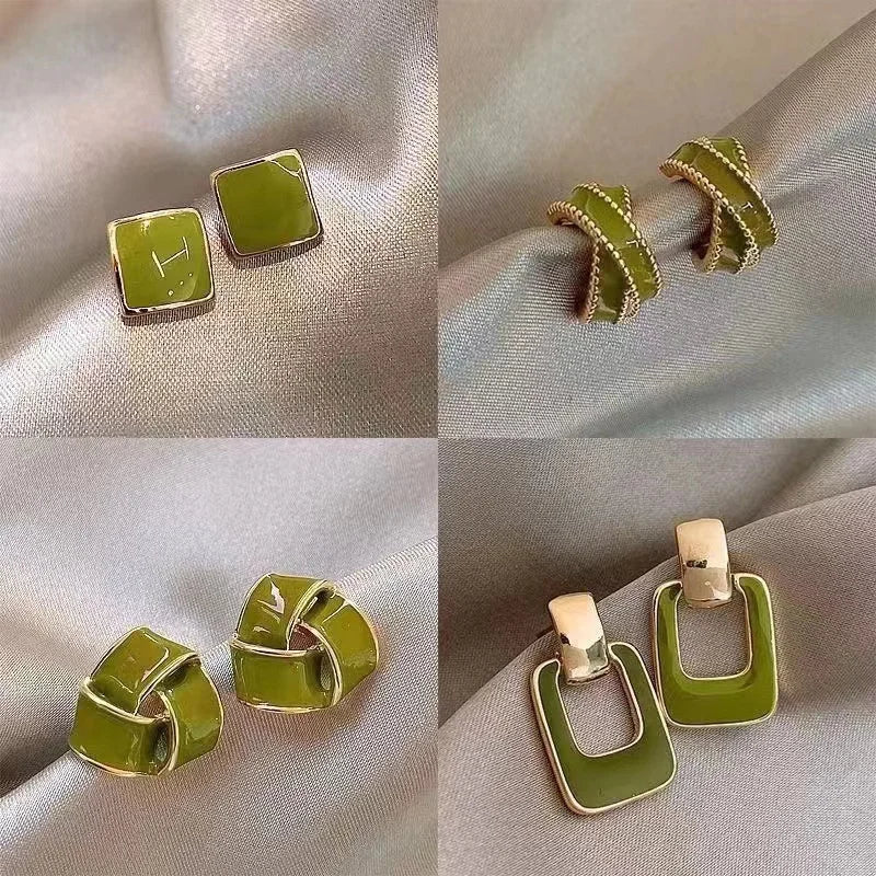Korean Glazed Green Enamel Geometric Stud Earrings Vintage Style