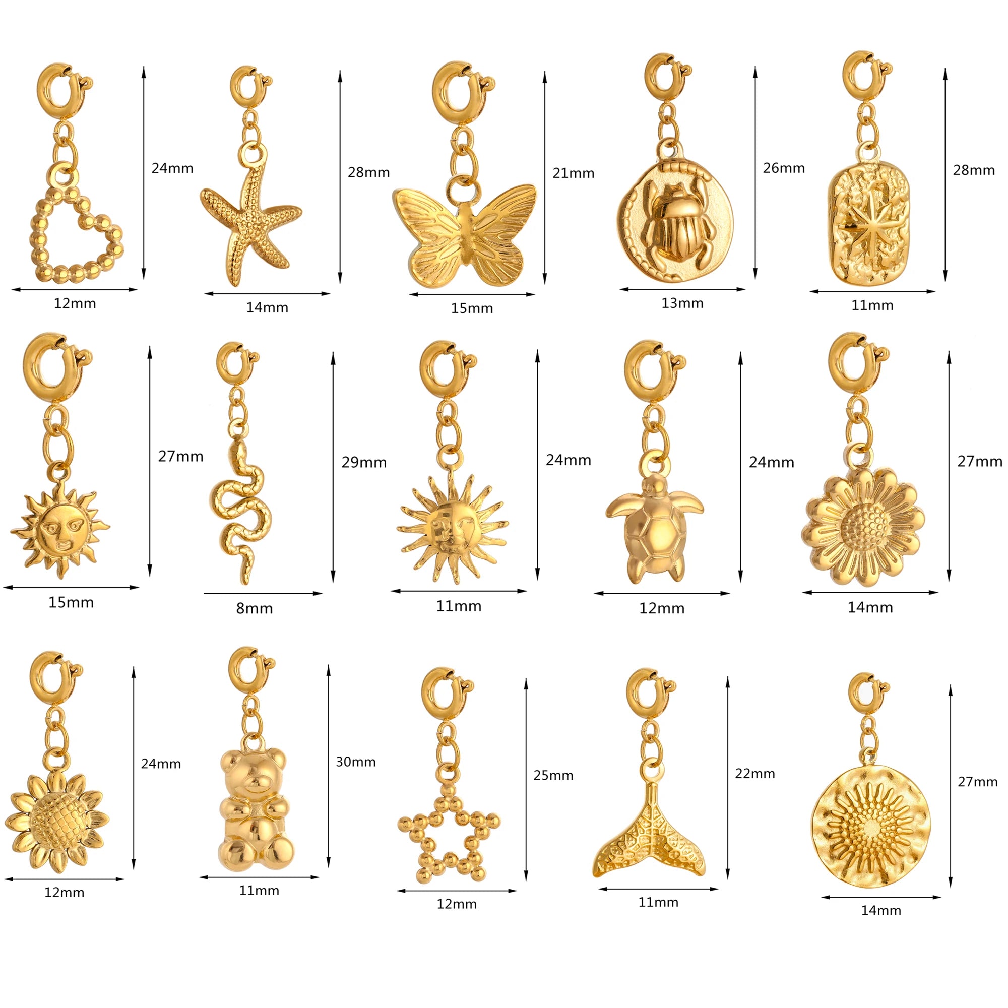 18K Gold Plated Charm Pendants Set Fish Bear Sun Butterfly DIY Jewelry