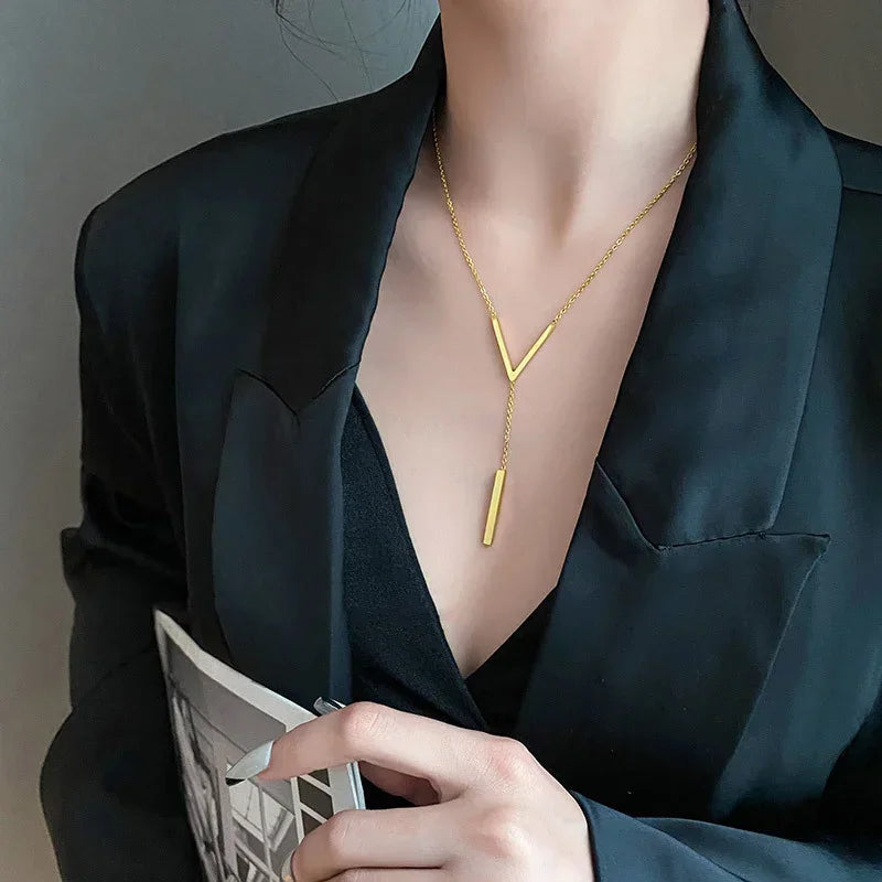 Stylish Long V Necklace Gold Vertical Bar Pendant Women 2024