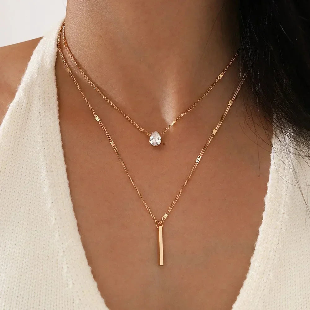 Silver Double Layer Star Moon Necklace Zircon Choker for Women