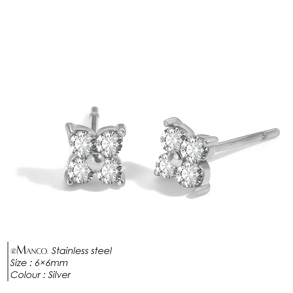 eManco Clover Black Gemstone Stud Earrings Stainless Steel Elegant