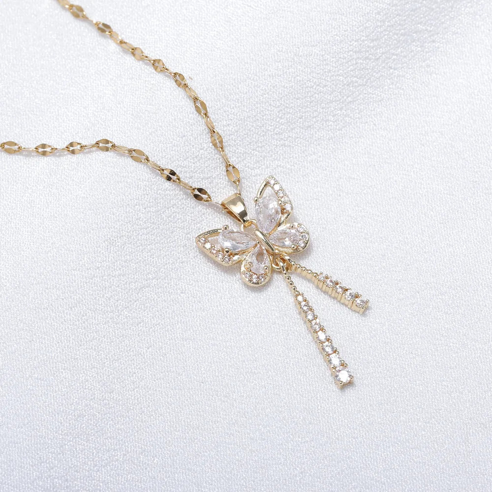 Elegant Butterfly Necklace Zircon Tassel Titanium Steel Women