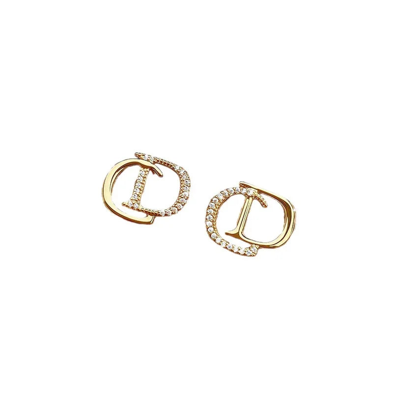 Elegant Double D Letter Earrings Gold Plated Rhinestone Studs