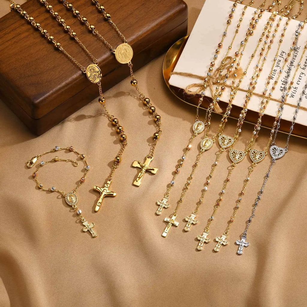Stainless Steel Jesus Cross Y Necklace with Heart Charm Jewelry Set