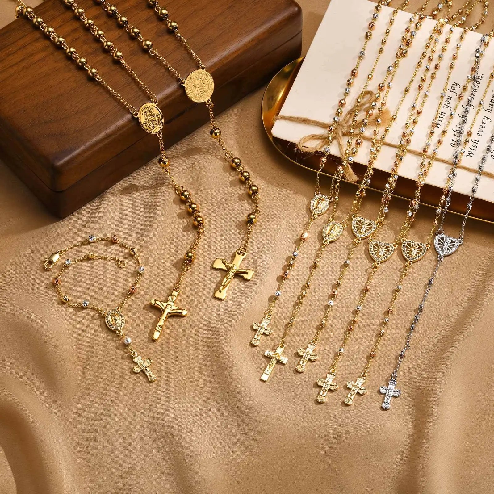 Stainless Steel Jesus Cross Y Necklace with Heart Charm Jewelry Set