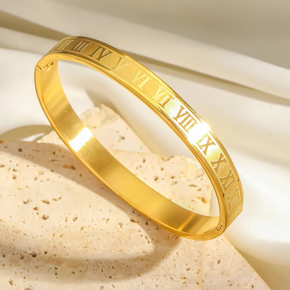 2pcs Roman Numeral Bracelet Set Stainless Steel Bangle Unisex Gift