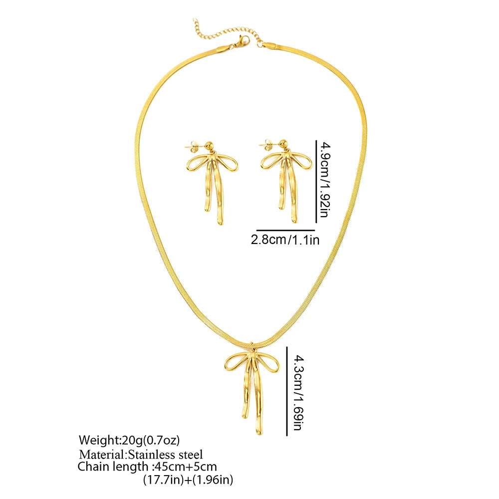 Stylish Bow Pendant Set Snake Chain Necklace Earrings Women