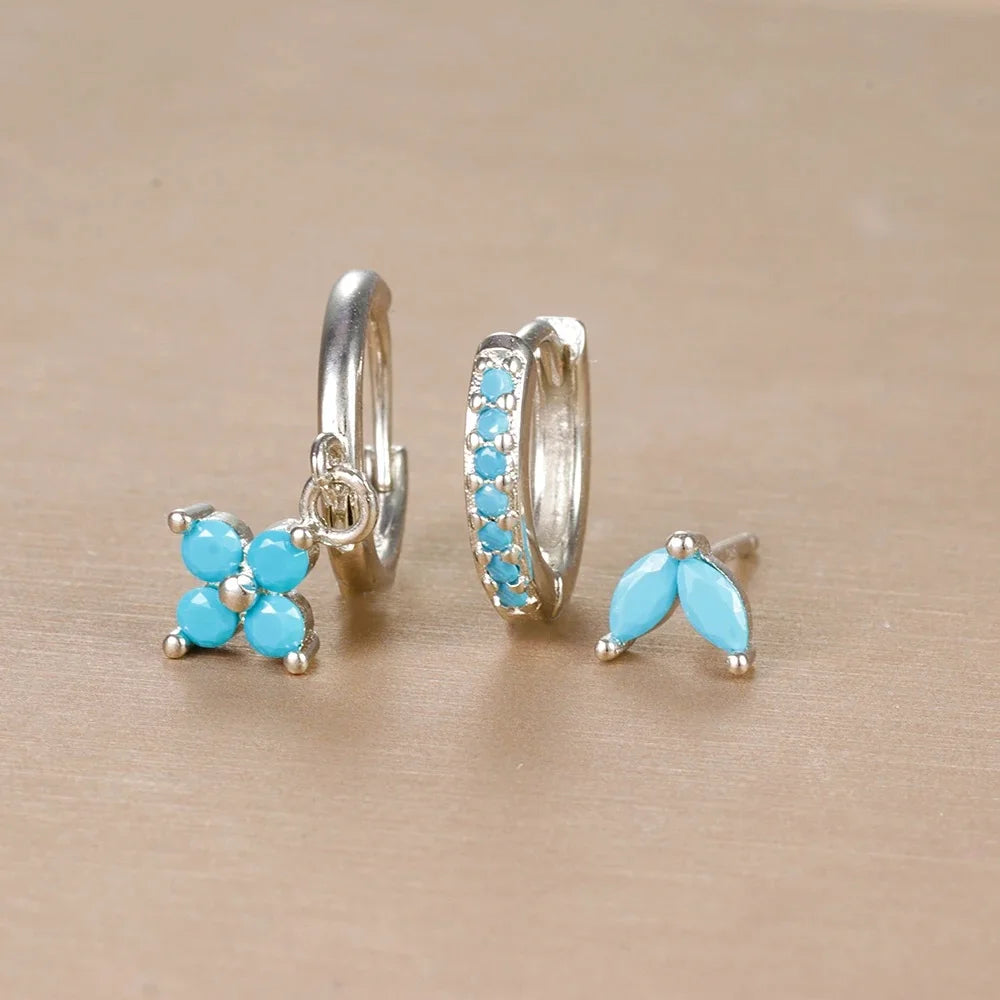 3PCS Flower Drop Earrings Set Zircon Stainless Steel Women