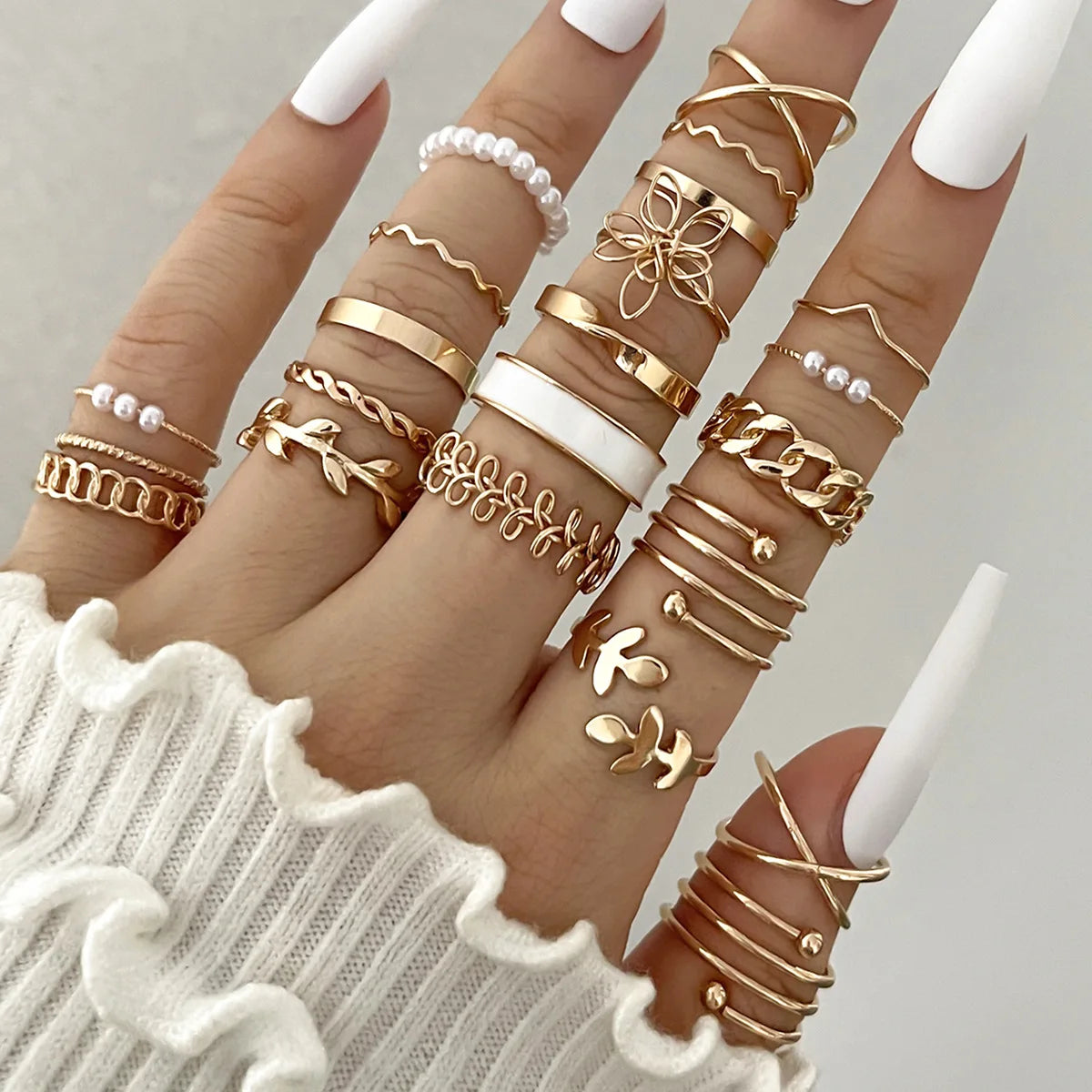 Trendy 21Pcs Gold Ring Set Vintage Geometric Hollow Design Women