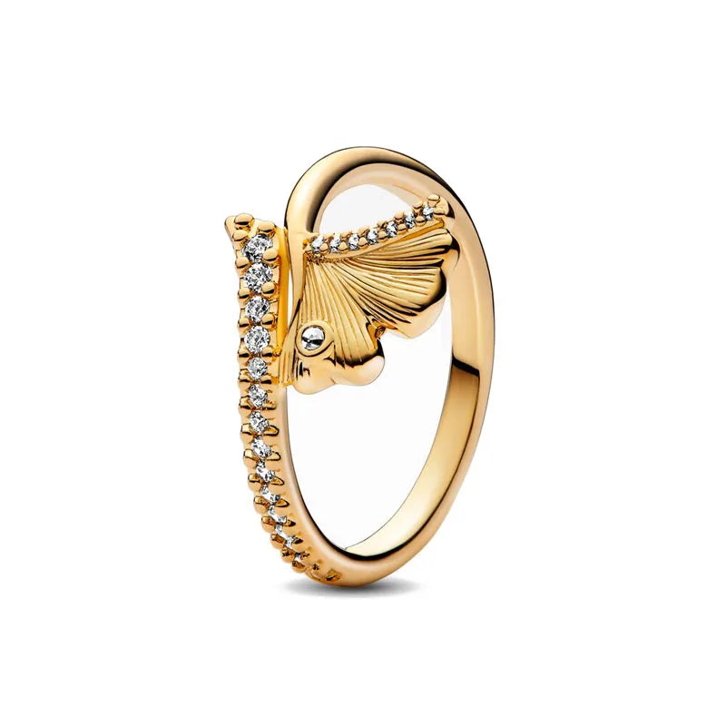 Elegant Gold Ring Sun Heart Bow 925 Silver Women Jewelry
